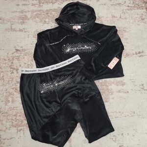 Juicy Couture Black Velour Logo Hoodie & Jogger Lounge Set XL
